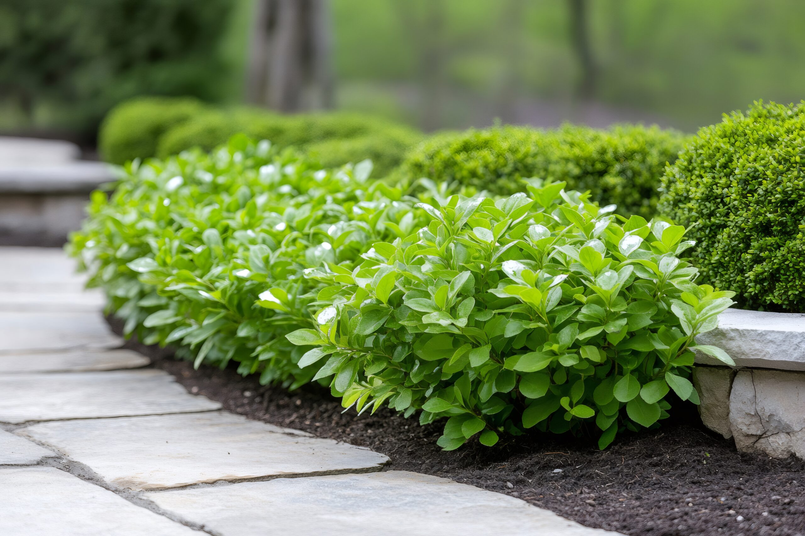 Lush green shrubs bordering a stone walkway in a formal garden